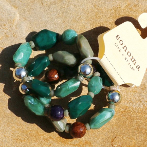 Boho Chunky 3 Bracelet Stack Lucite Beads Silver Tone Nature Stone Look NWT - Picture 2 of 3